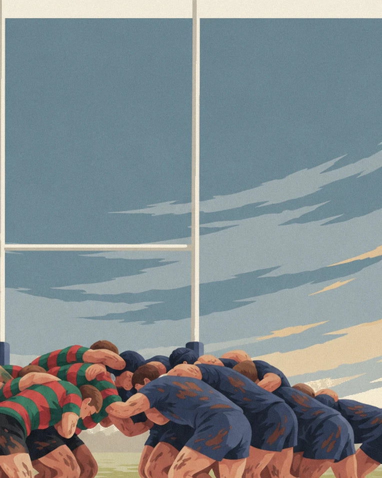 Poster Rugby-Gedränge im Schlamm unter Regenhimmel: Detail in Nahaufnahme