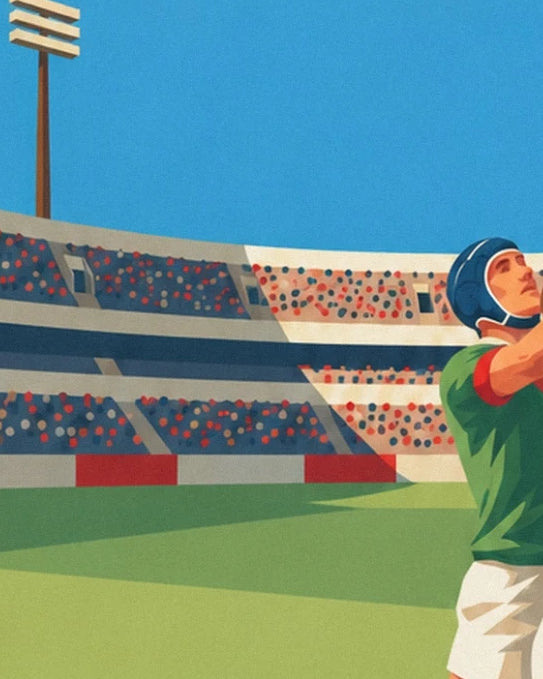 Le joueur au casque bleu, les yeux au ciel, devant les tribunes et le pylône d'éclairage