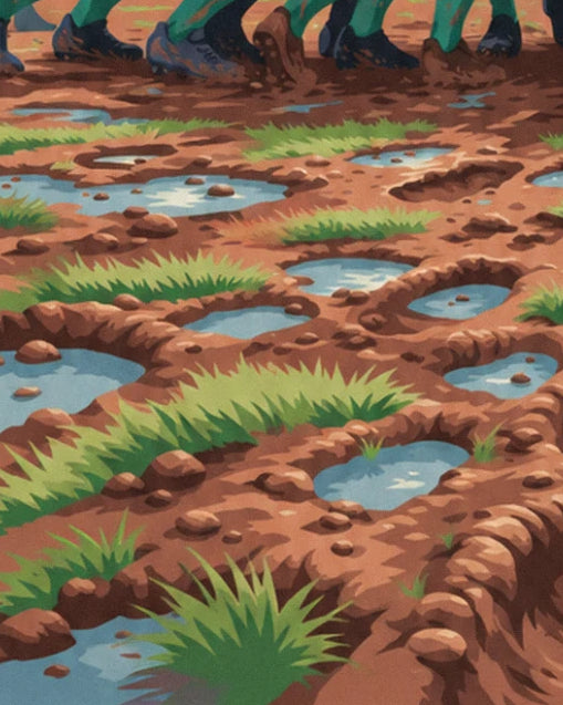 Terrain boueux creusé de flaques d'eau bleue et de touffes d'herbe verte