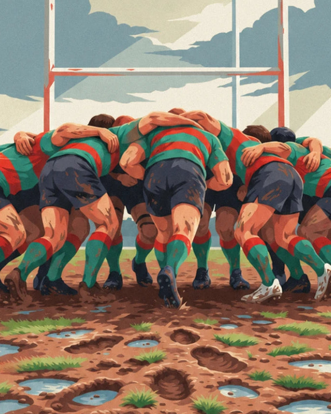 Mêlée de joueurs maillots verts et rouges, crampons dans la boue, sous les poteaux