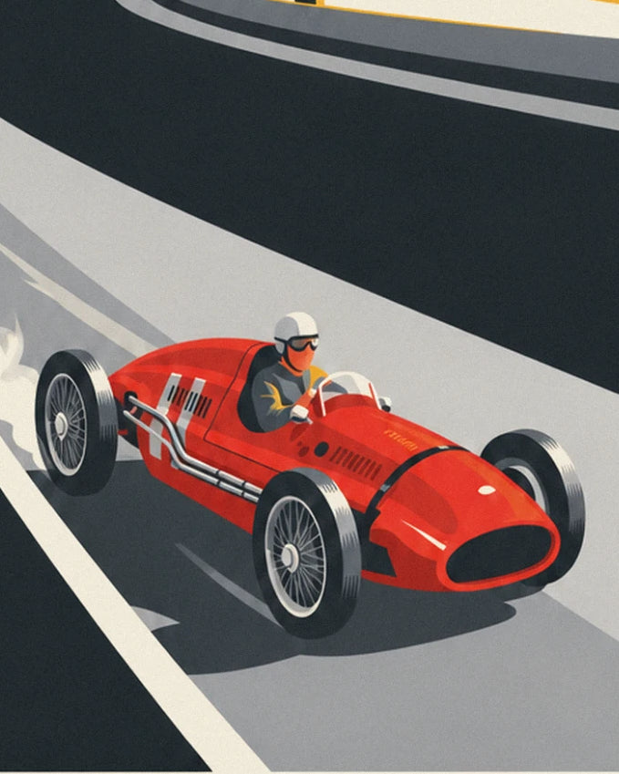 A red racing car with spoked wheels and its helmeted driver, speeding into the bend on the grey track