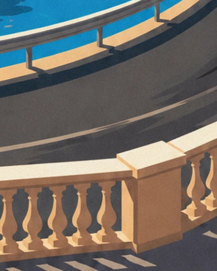 La balustrade en pierre dorée qui borde la piste courbe, sous le ciel bleu