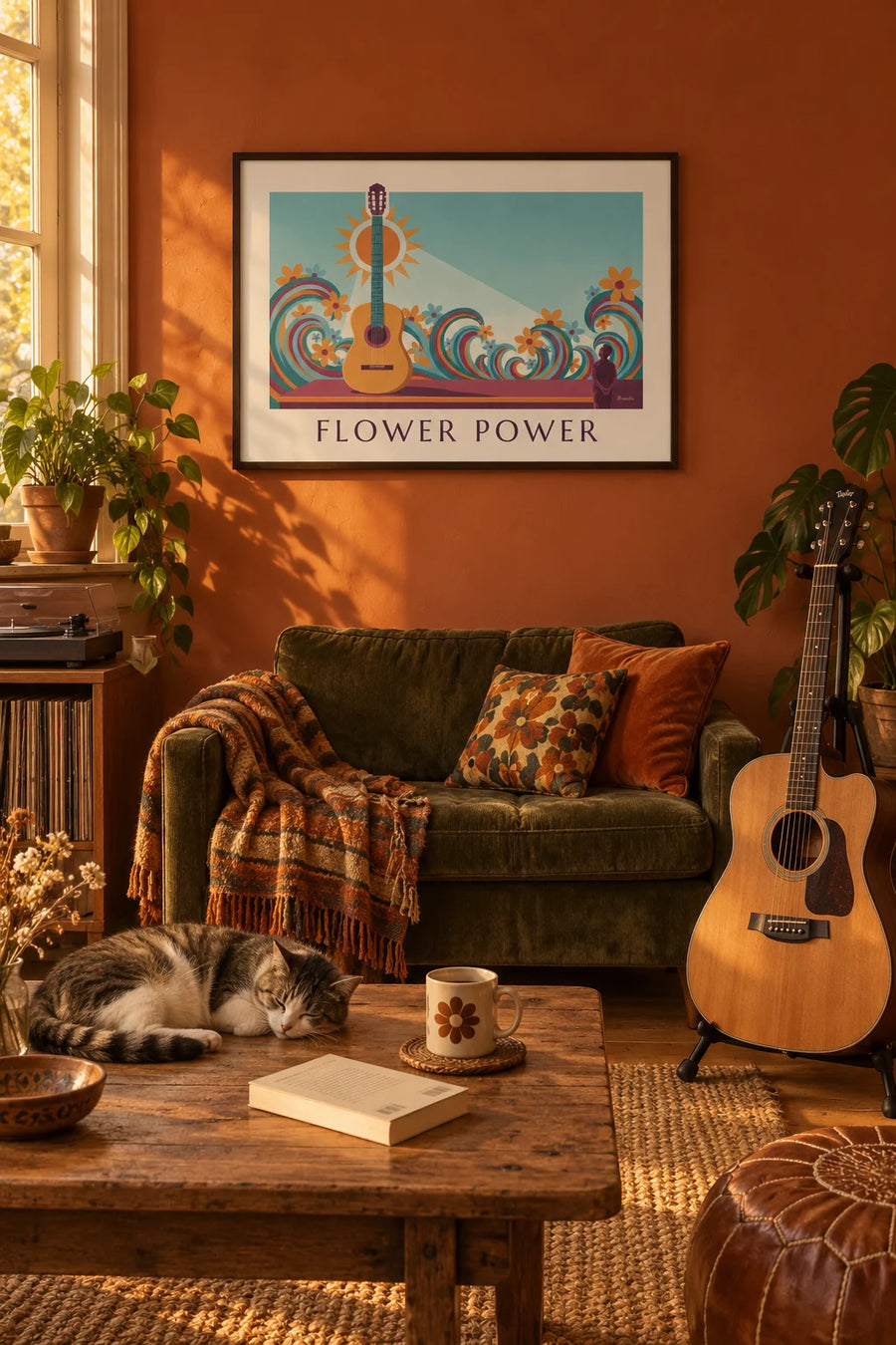 Affiche guitare acoustique et vagues psychédéliques Flower Power : encadrée au mur