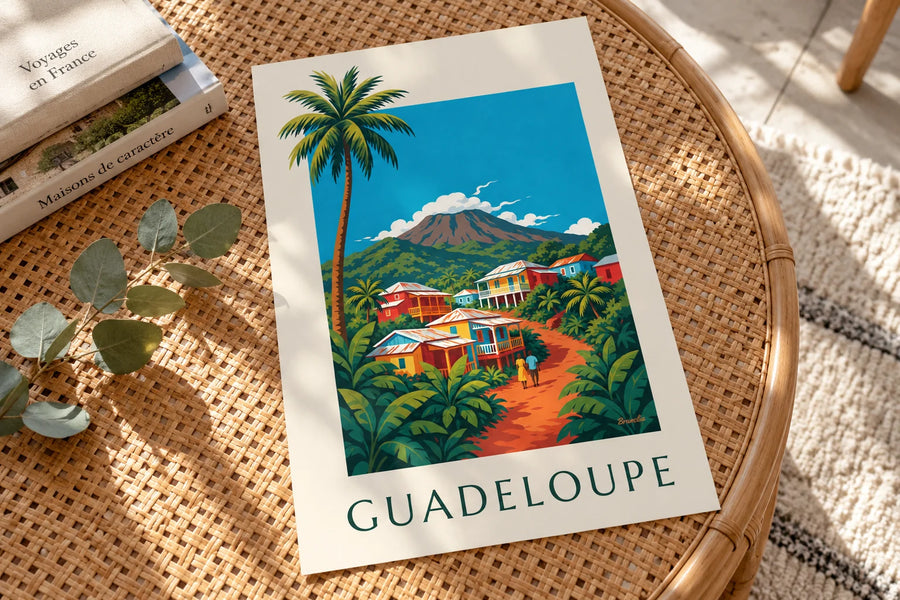 Poster kreolische Häuser und der Vulkan La Soufrière auf Guadeloupe: auf einem Tisch