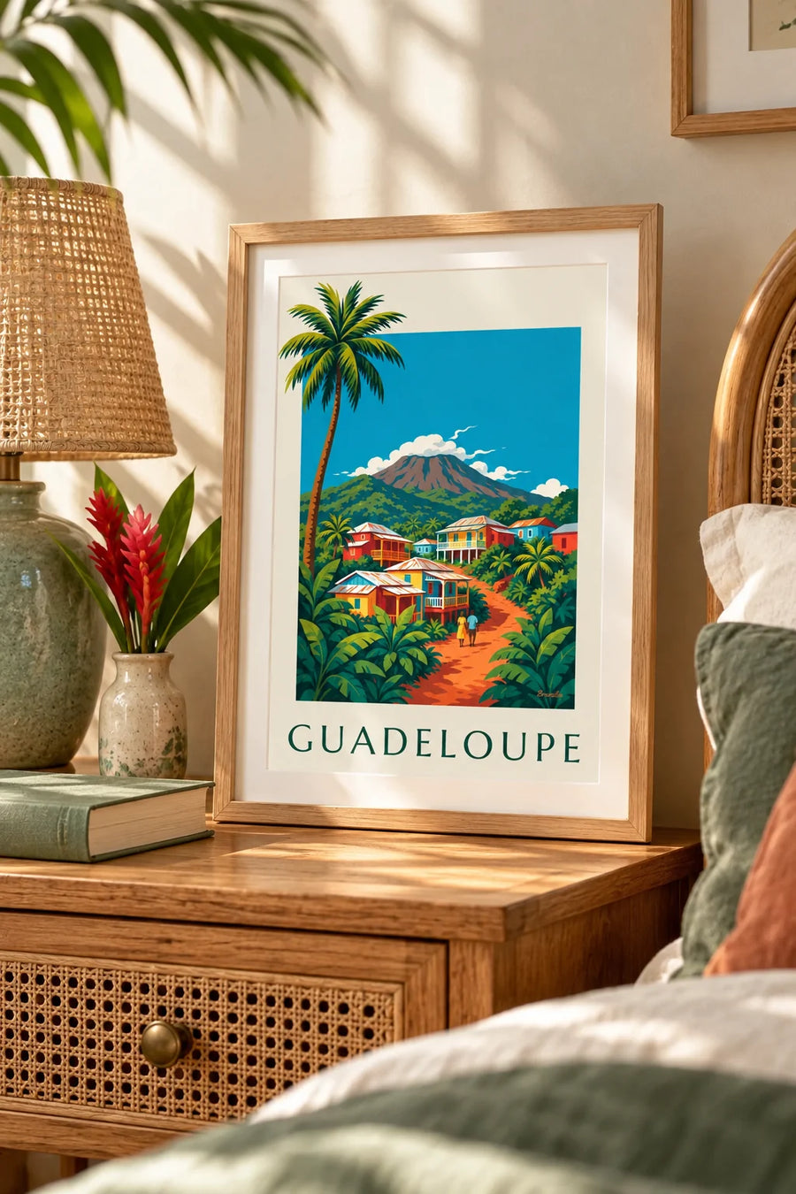 Poster kreolische Häuser und Vulkan La Soufrière auf Guadeloupe: kleines Format A4 gerahmt