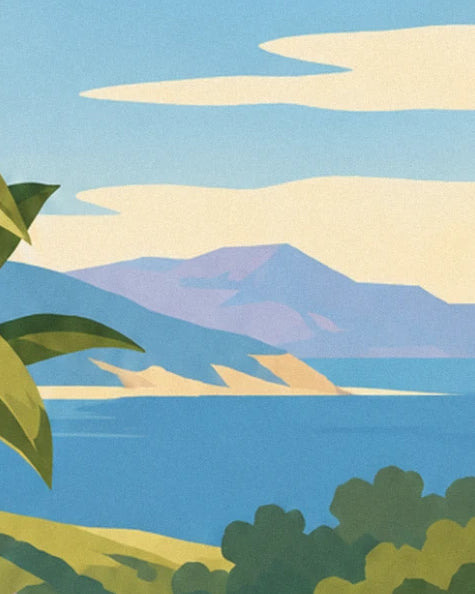 Blue sea and a purple mountain in the distance, beneath large cream clouds