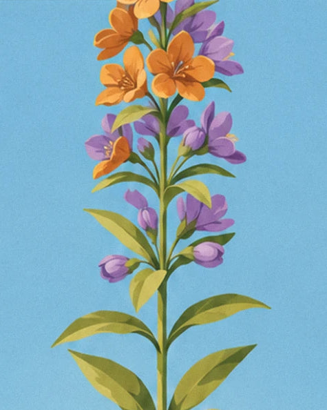 A flowering stem with orange and purple flowers, against a blue sky