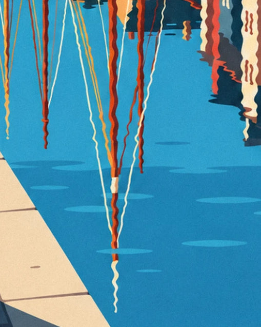 Reflets ondulants des mâts orange et des haubans dans l'eau bleue, le long du quai en pierre