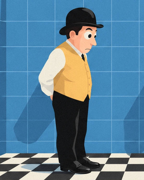 Der Herr mit Bowlerhut, gelber Weste und schwarzer Hose auf der Toilette