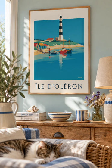 Poster Île d'Oléron, kleurrijke huisjes aan zee: ingelijst aan de muur