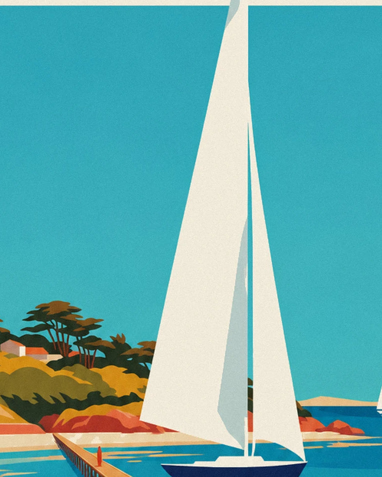 Poster gestreifte Strandkabinen und Steg auf Noirmoutier: Detail in Nahaufnahme