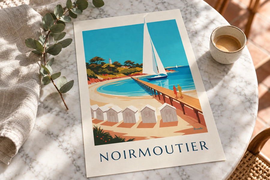 Poster Gestreifte Strandkabinen und Steg auf Noirmoutier: auf einem Tisch
