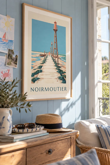 Poster Passage du Gois und Boot bei Ebbe auf Noirmoutier: gerahmt an der Wand
