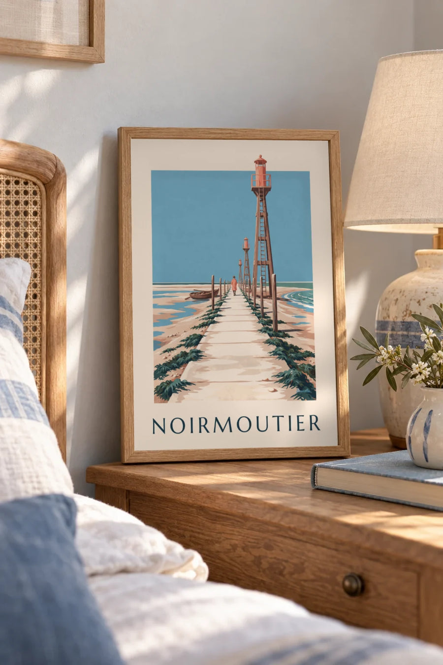 Poster van de Passage du Gois en een roeiboot bij Noirmoutier met laag water: klein A4-formaat in lijst