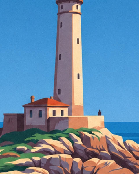 The pale stone lighthouse and its house with an orange roof, perched on the rocks