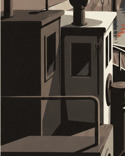 The boat's dark cabin, its windows, round porthole and metal railing