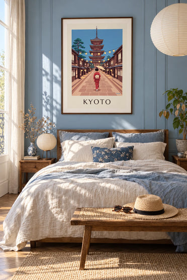 Poster geisha met parasol bij de Yasaka-pagode in Kyoto: ingelijst aan de muur