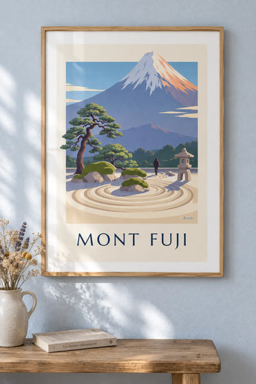Poster Japanse zentuin met uitzicht op de Fuji: ingelijst aan de muur