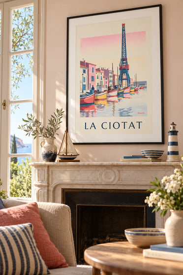 Poster kleurrijke bootjes in de haven van La Ciotat en de scheepswerf: ingelijst aan de muur