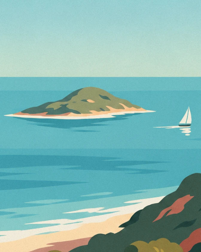 L'île Verte au large, un voilier blanc et la plage de sable doré