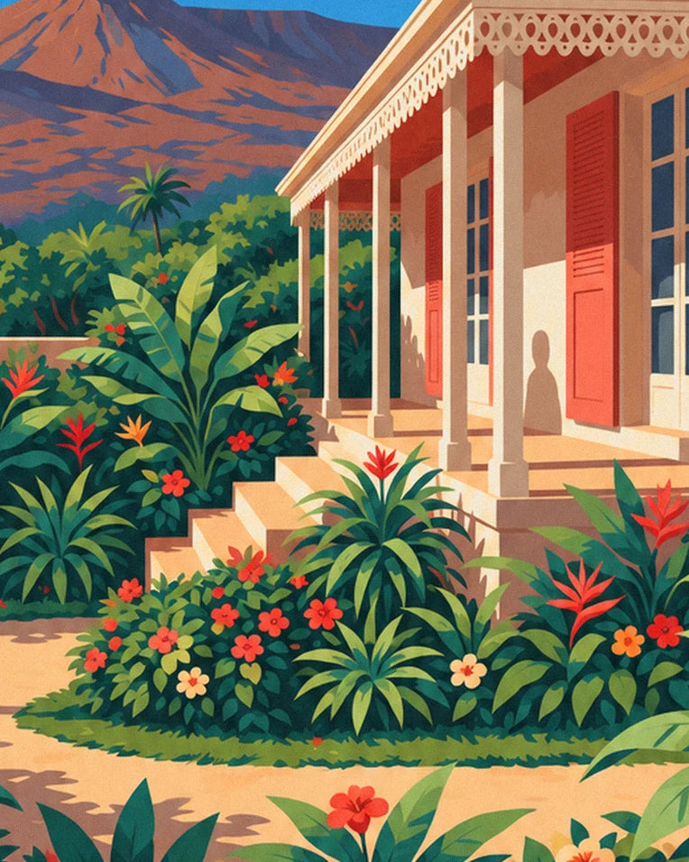 Poster Kreolisches Haus und Piton de la Fournaise auf La Réunion: Detail in Nahaufnahme