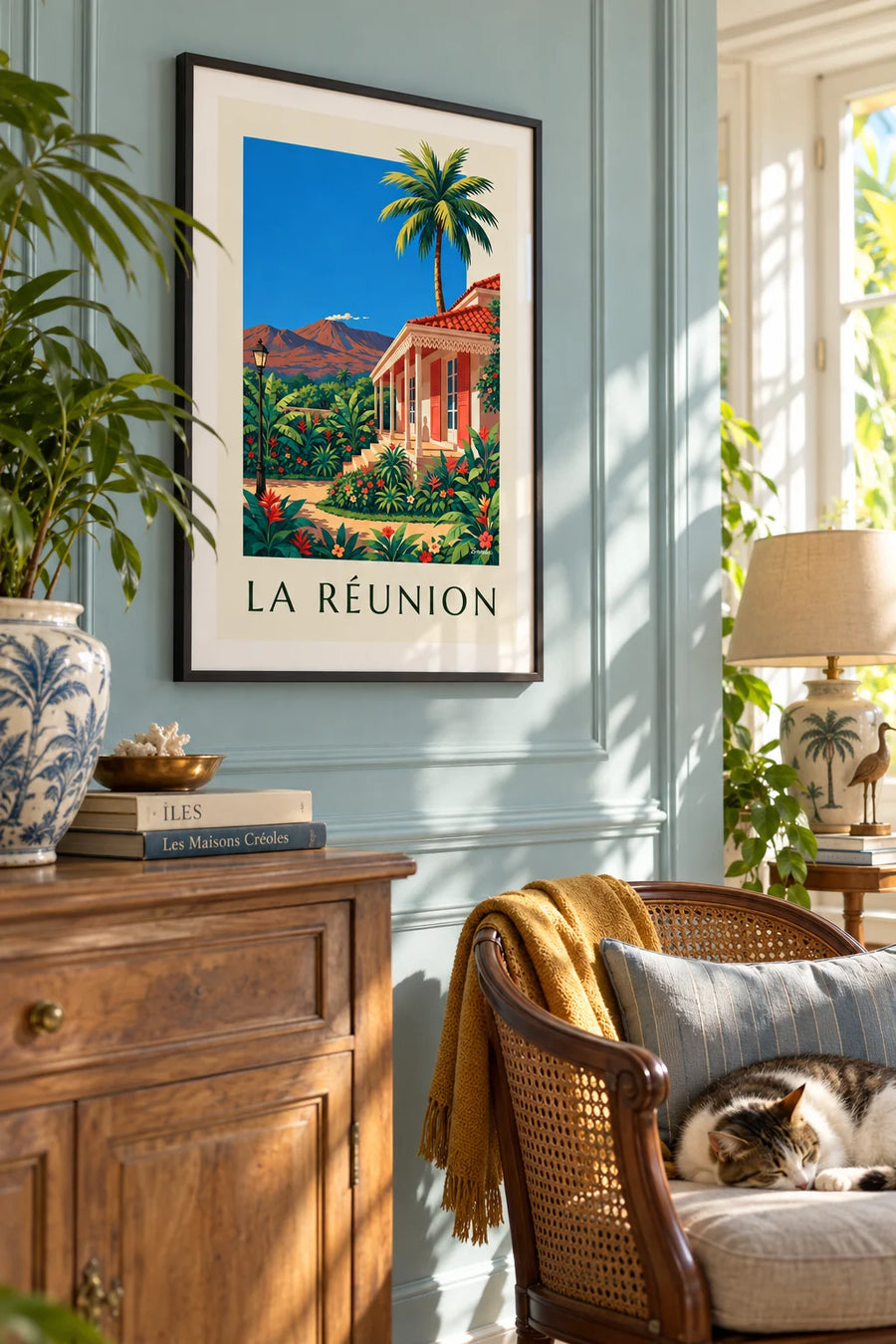 Affiche case créole et Piton de la Fournaise à La Réunion : encadrée au mur
