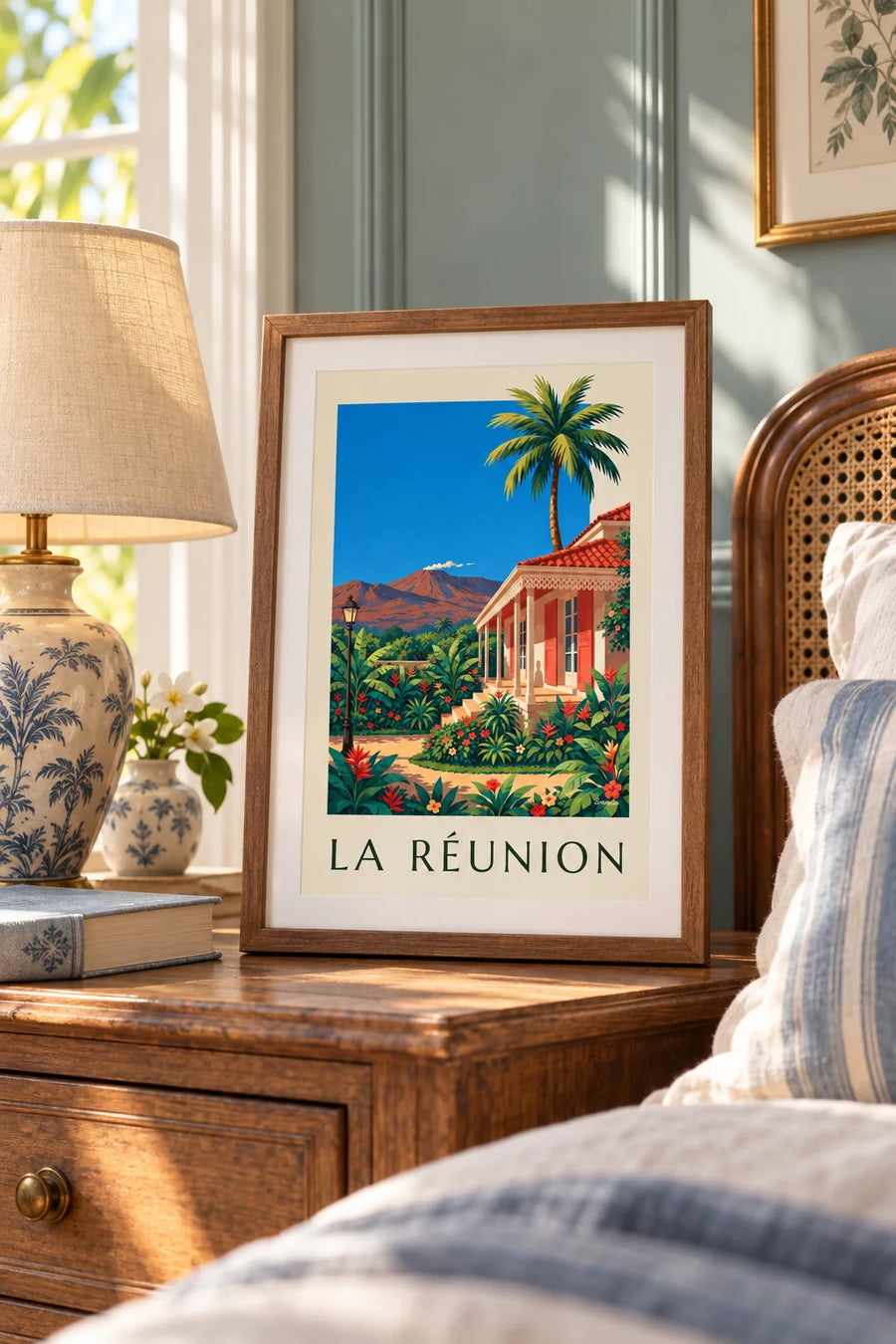 Affiche case créole et Piton de la Fournaise à La Réunion : petit format A4 encadré