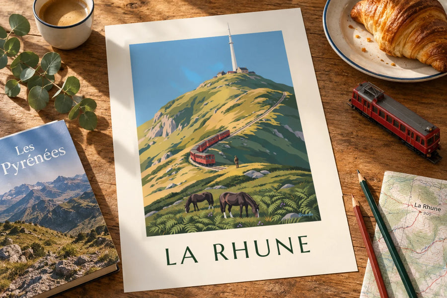 Poster treintje van La Rhune in het Baskenland: op een tafel