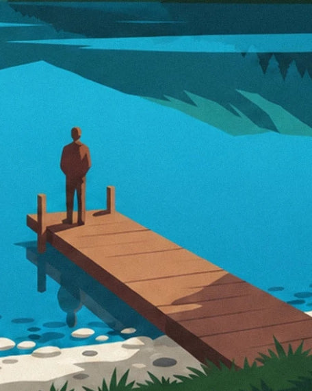 Un personnage sur le ponton en bois, au-dessus des eaux turquoise bordées de galets