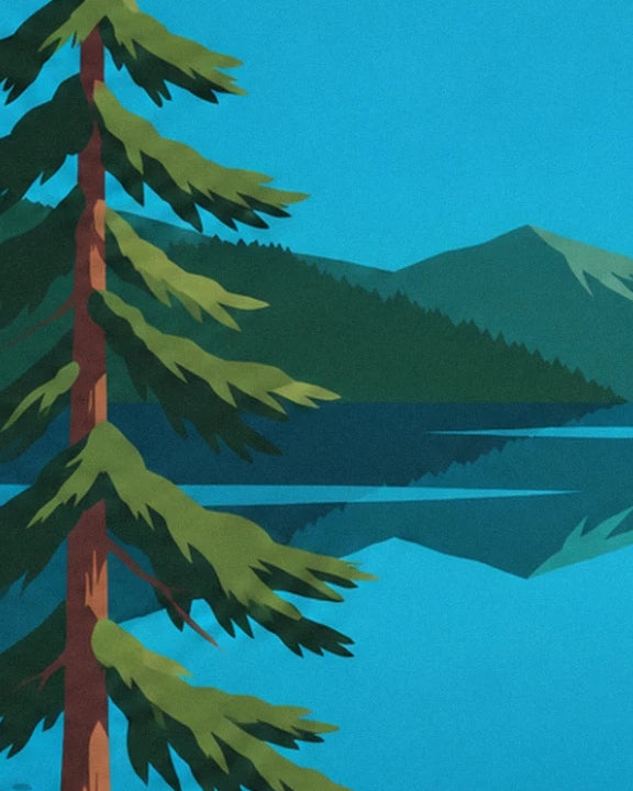 Un grand sapin aux branches vertes devant le lac et les montagnes boisées