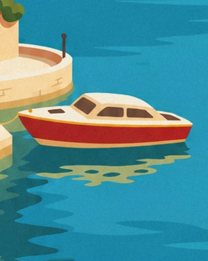 Das rote Boot mit cremefarbener Kajüte und seine Spiegelungen auf dem türkisfarbenen Wasser des Sees