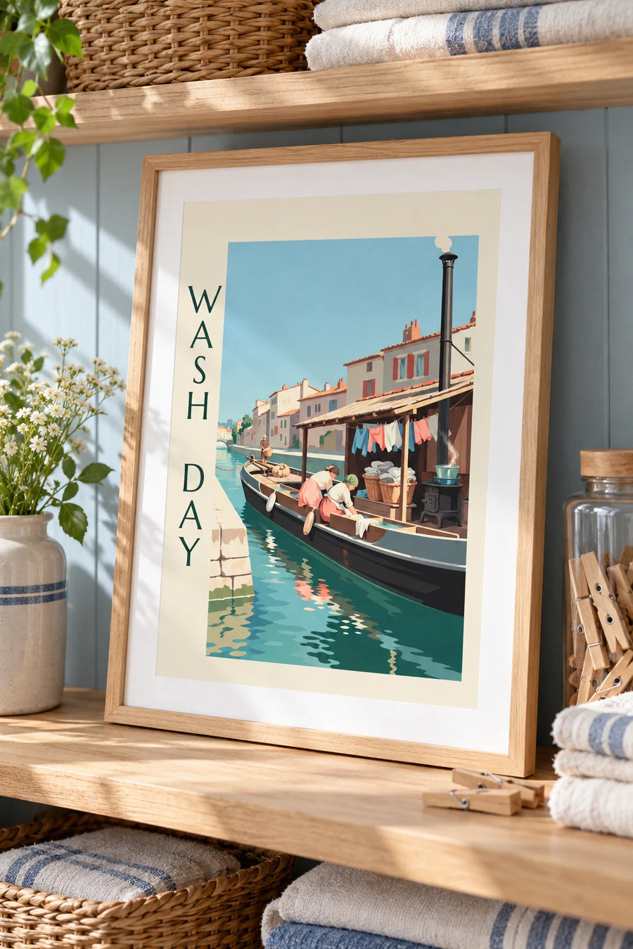 Poster van een wasboot aan de kade met hemden onder de luifel: klein formaat A4 ingelijst