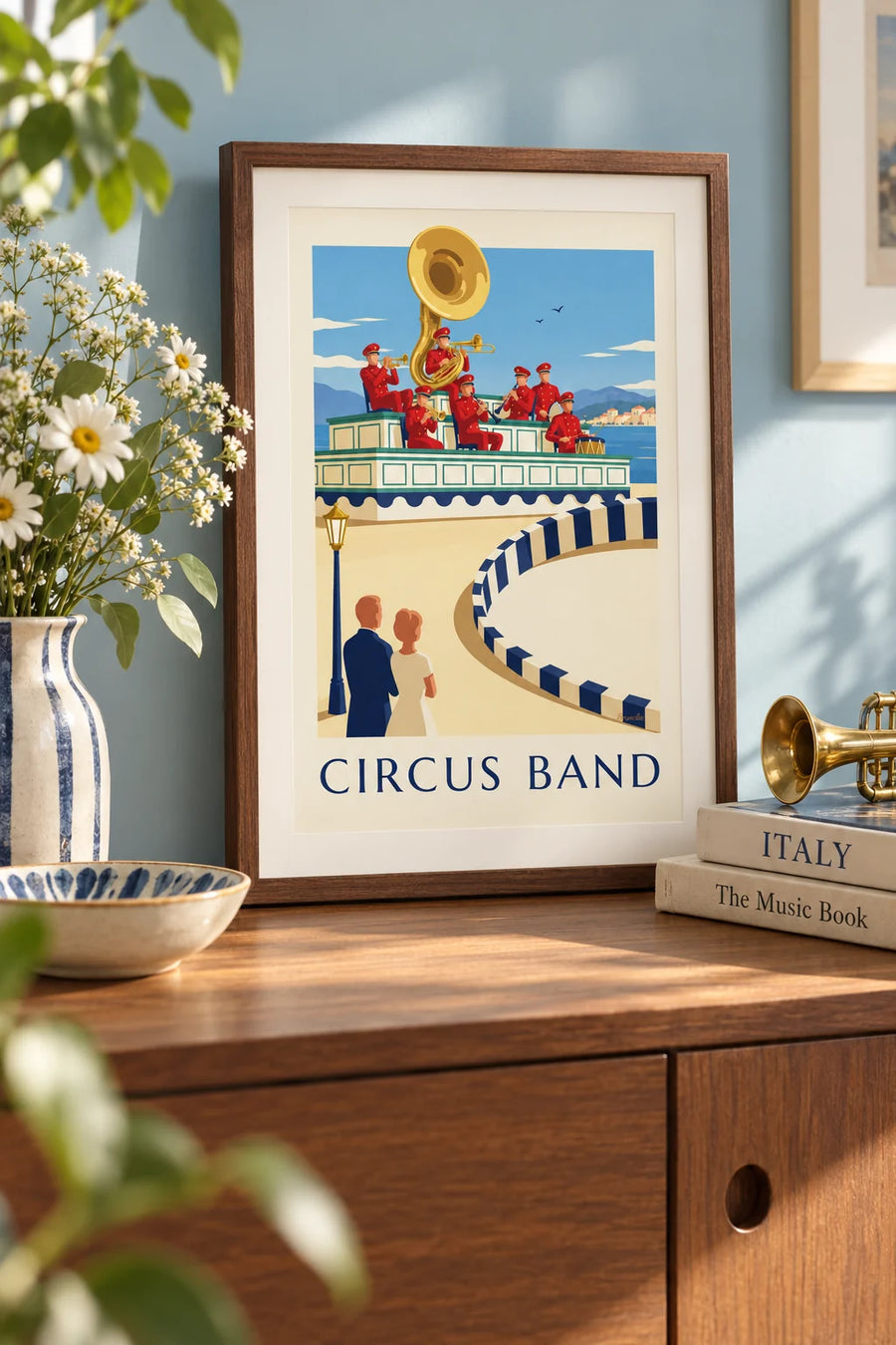 Affiche orchestre du cirque jouant sur son estrade décorée : petit format A4 encadré