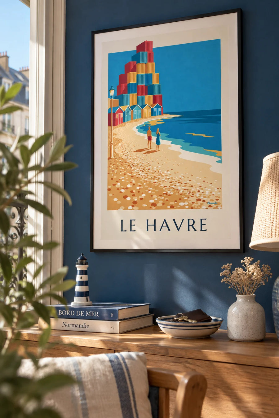 Beach cabins and Le Havre container arch poster: framed on the wall
