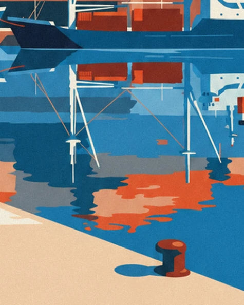 The orange and blue reflections of the boats in the harbour basin, and a red mooring bollard on the quay