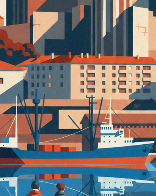 A blue and orange cargo ship moored in front of a large building with red roofs