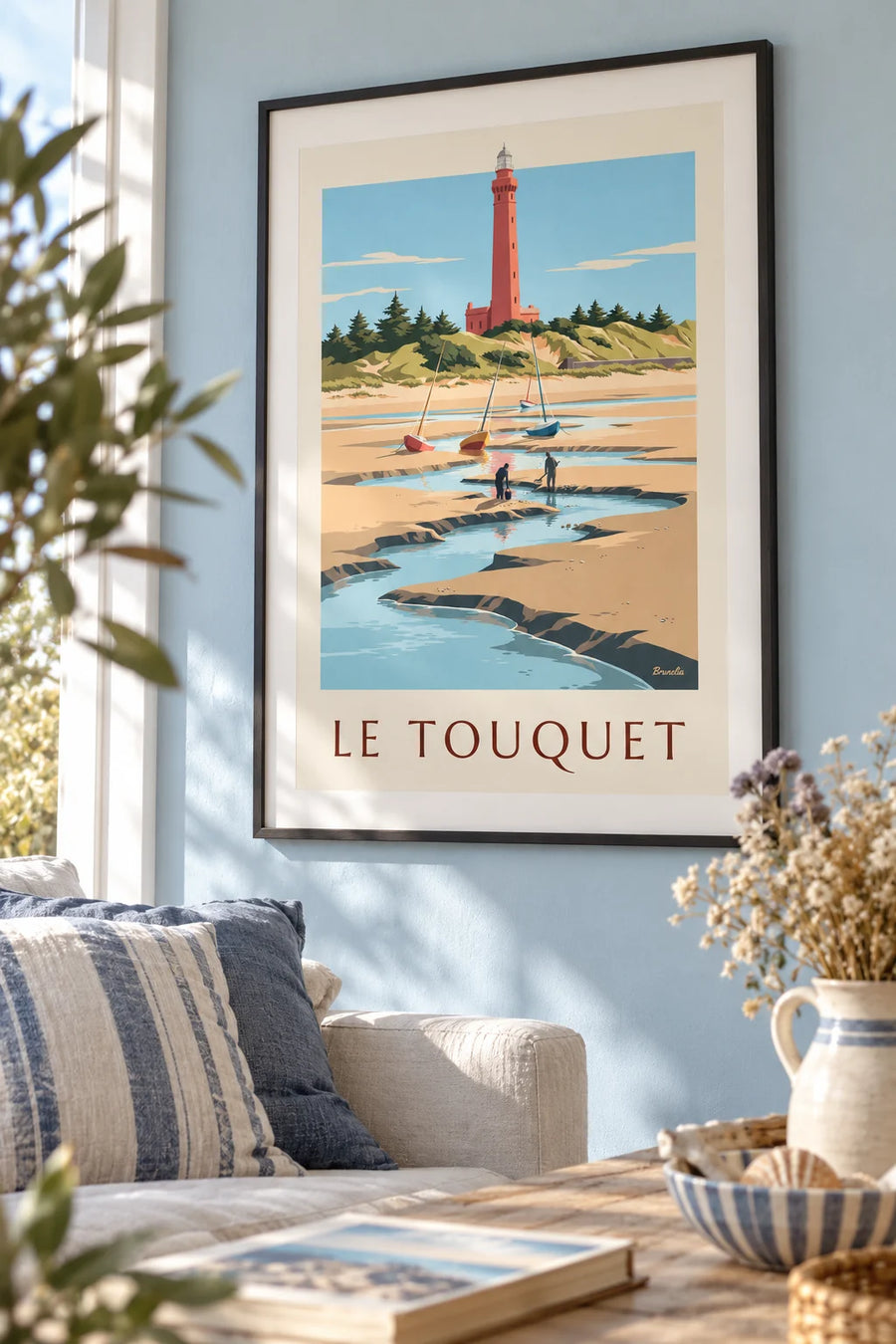 Affiche phare du Touquet et pêcheurs à pied dans la baie de Canche : encadrée au mur