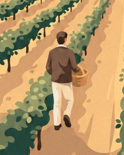 A man seen from behind in a brown jacket, carrying a basket between rows of vines
