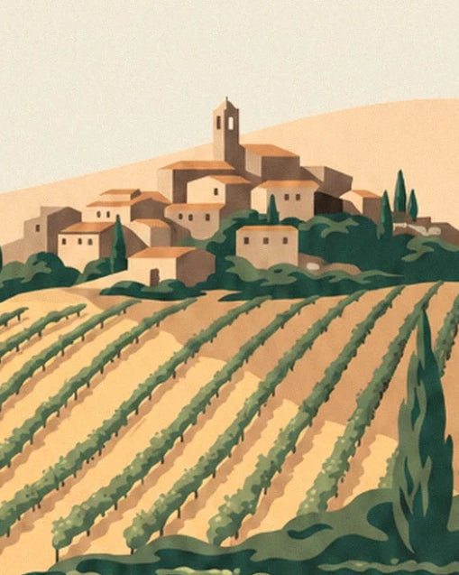 A village with orange roofs and its bell tower above vineyards and cypresses
