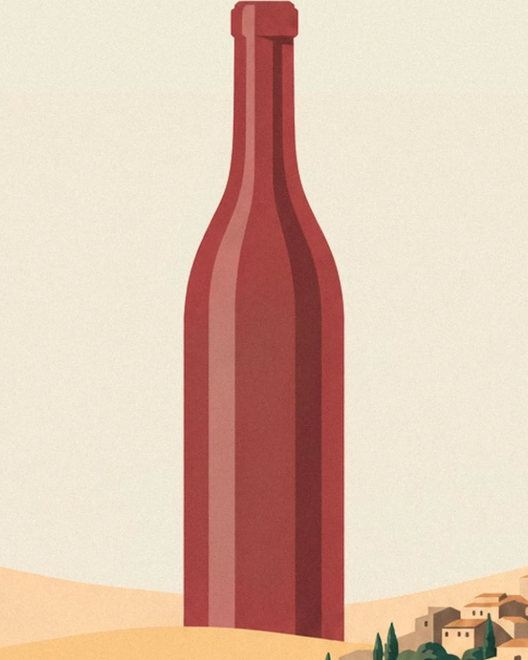 An enormous red bottle towering over golden hills and village houses