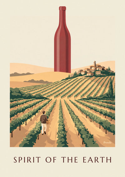 Poster of a bottle of red wine among countryside vineyards: the full poster
