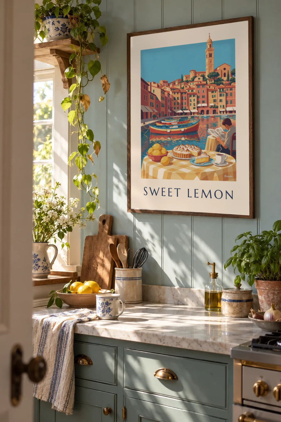 Affiche tarte au citron meringuée sur le port de Menton : encadrée au mur