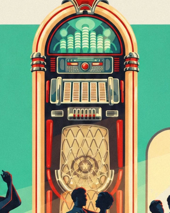 The jukebox with cream and red curves, its gold grille and green lights