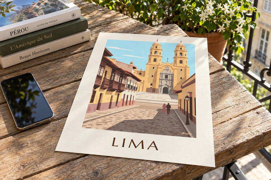 Poster van een koloniale straat in Lima en de basiliek van San Francisco: op een tafel