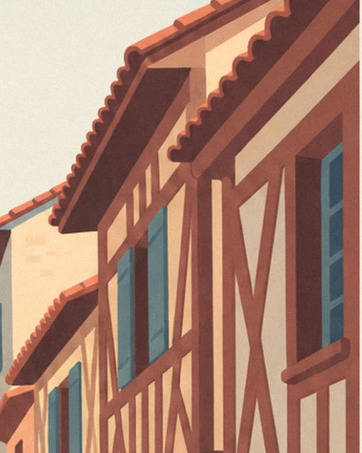 Les façades à colombages rouges et leurs volets bleus sous les toits de tuiles