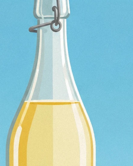 The neck of the swing-top lemonade bottle, filled with golden yellow liquid, against a blue sky