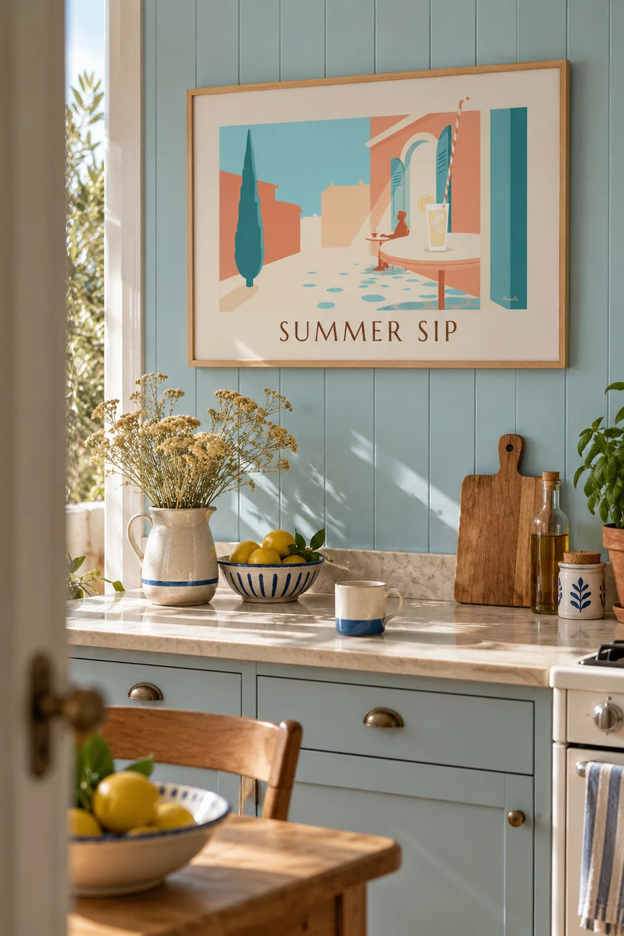 Affiche verre de limonade au citron et paille rayée : encadrée au mur