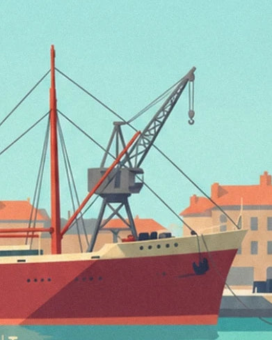 La proue rouge du navire marchand, son ancre et une grue sur le port de Lorient