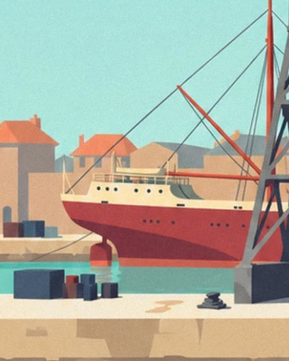 Le navire à coque rouge à quai, ses mâts et cordages devant les maisons de Lorient
