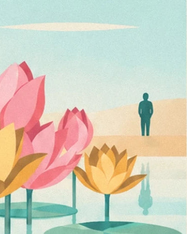 Pink and yellow lotuses on the water, with a figure on the sandy bank behind them